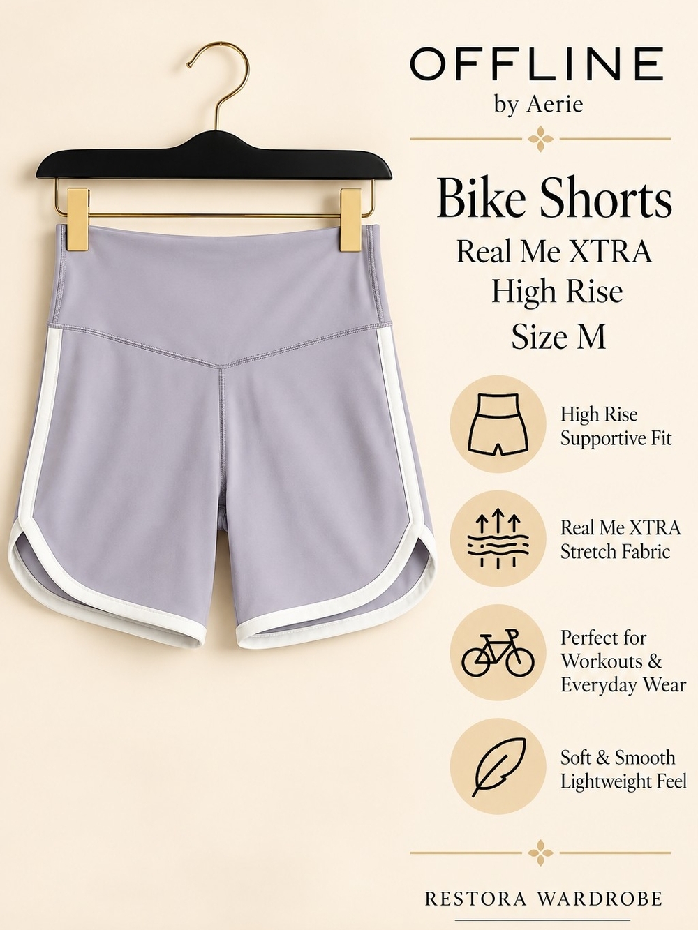 OFFLINE by Aerie Bike Shorts Lavender Real Me XTRA White Trim Athleisure Size M